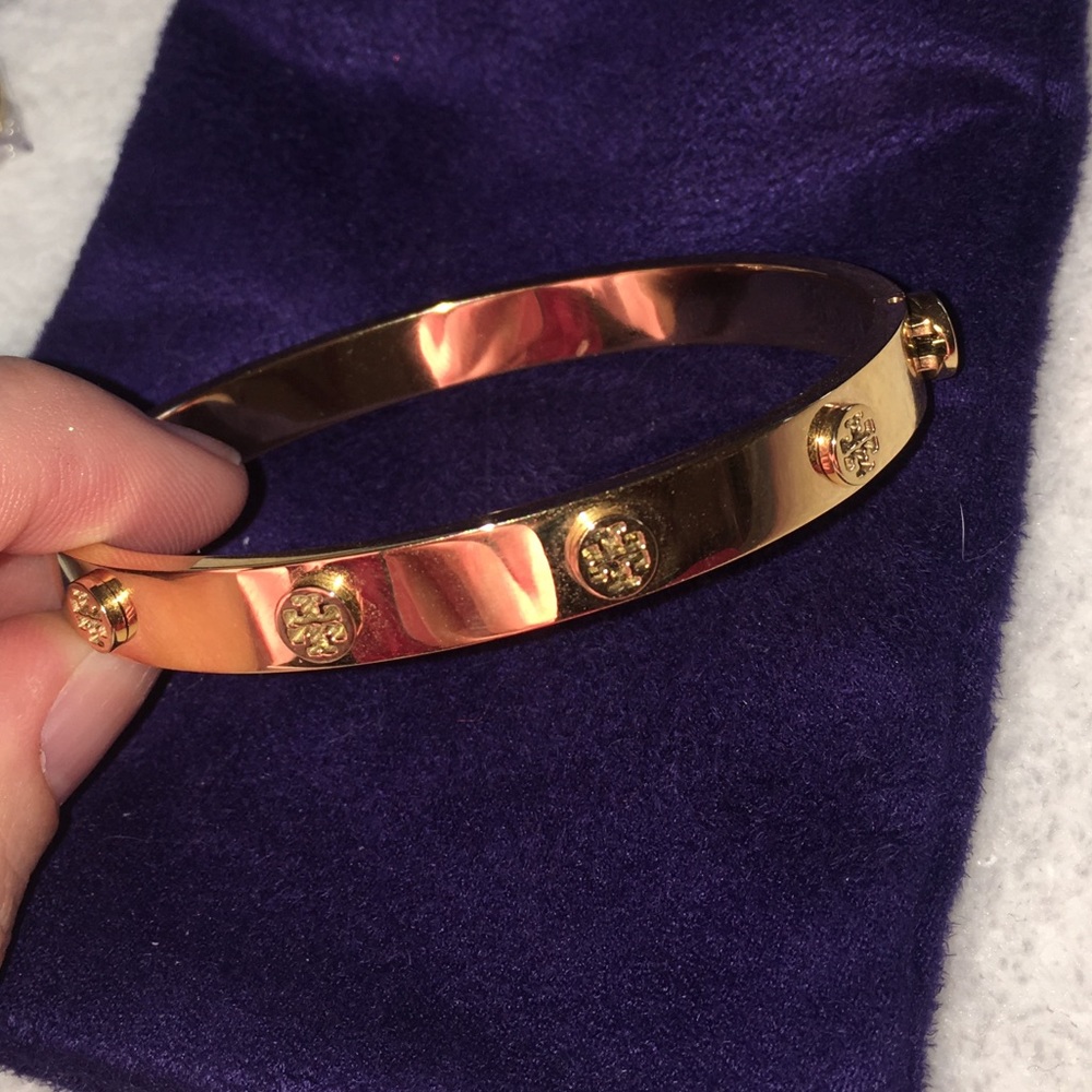 Tori Burch logo gold hinged bangle bracelet cuff